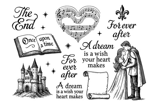 Vintage fairy tale decorative element set with text, princess, and music heart, Transparent Background