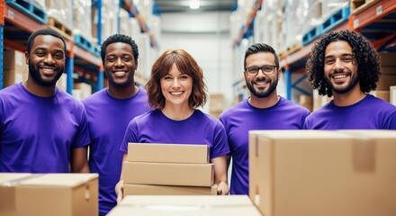 Diverse Team of Warehouse Workers Holding Boxes. A diverse group of smiling warehouse workers wearing violet shirts are holding cardboard boxes, standing in front of tall shelves filled with products,