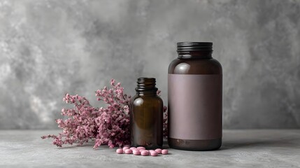 Amber glass bottles with pink flowers and pills on a textured grey surface offering ample copy space for health and wellness branding