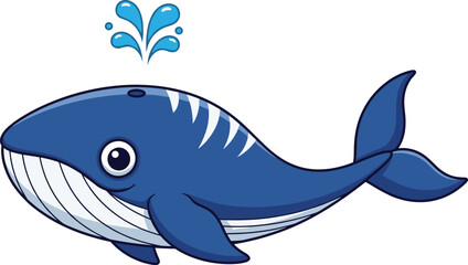 Cartoon blue whale, spouting water, marine animal, cheerful character, ocean theme, vector art, playful illustration, children’s content, aquatic design