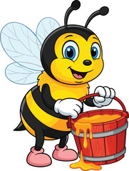 Cartoon bee holding honey bucket, cheerful insect character, smiling bug, dripping honey, vector illustration, cute nature mascot, children art