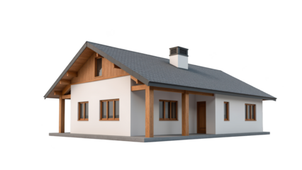 Modern wooden house design with sloped roof, featuring large windows and welcoming porch. structure combines functionality and aesthetic appeal