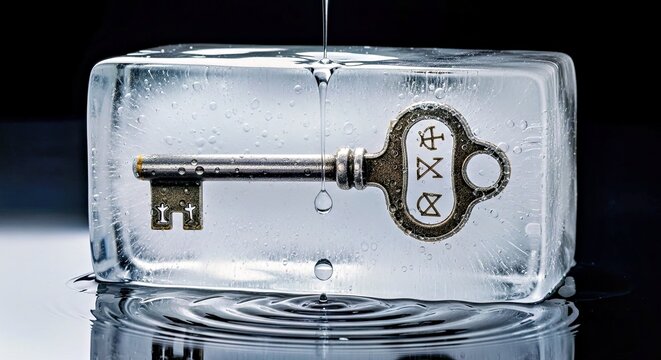  Antique Key Embedded in Melting Ice Revealing Cryptic Symbols