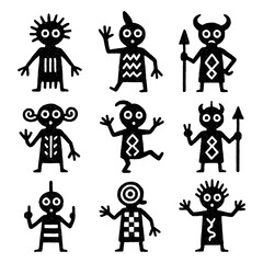 Tribal figure and primitive symbol character set in bold black silhouette style, Transparent Background