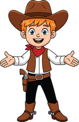 Cartoon cowboy character, orange hair, brown hat, red neckerchief, Western outfit, smiling pose, vector illustration, friendly gesture, classic styleCartoon cowboy character, orange hair, brown hat, 