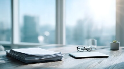 A modern office desk with documents a laptop and eyeglasses set against a blurred city view through a bright window