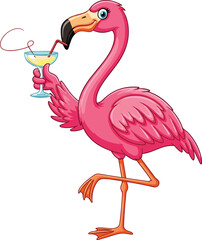 Cartoon flamingo sipping cocktail, summer party theme, tropical bird, fun illustration, one leg pose, vector art, beach vibe, cheerful mood