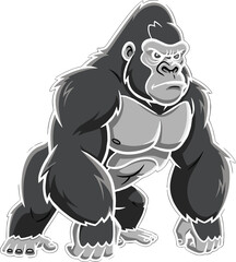 Cartoon gorilla standing pose, muscular wild animal character, strong jungle beast, vector illustration, intense expression, graphic mascot, wildlife art design