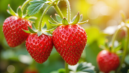 Fresh red strawberries growing on plant in sunlight  