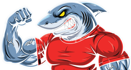 Cartoon muscular shark character flexing arm, aggressive expression, red shirt, tattooed bicep, vector illustration, sports mascot, fierce animal design