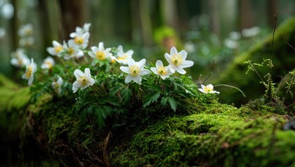 Delicate white flowers cluster on mossy forest floor