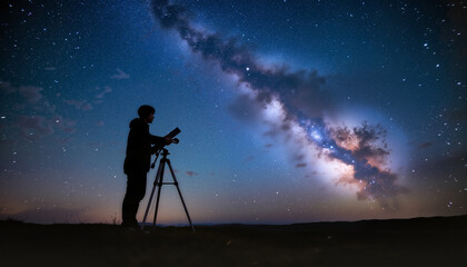 Fototapeta premium Astronomer observing starry night sky through telescope on hilltop 