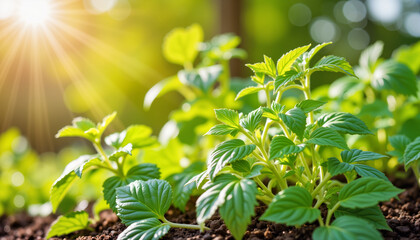 Obraz premium Green plants growing in soil with sunlight in nature setting 