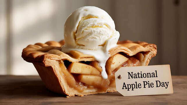 A slice of apple pie topped with vanilla ice cream, served with a tag reading 'National Apple Pie Day'.