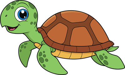 Cartoon sea turtle swimming, smiling ocean animal, green flippers, brown shell, vector illustration, marine wildlife, cute aquatic character design