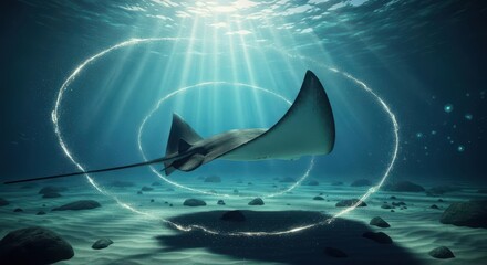 Majestic underwater scene with a large stingray gracefully gliding through sunlit ocean waters