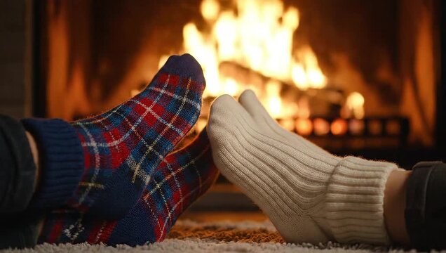 Cozy feet warm socks fireplace relaxation