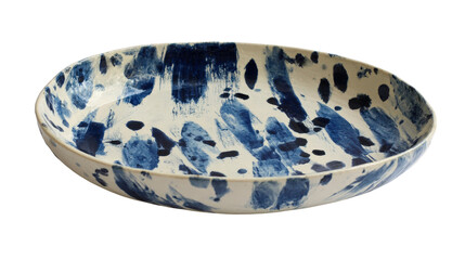 Handmade ceramic platter with abstract brush strokes, top-down view isolated on a Transparent background, PNG file.