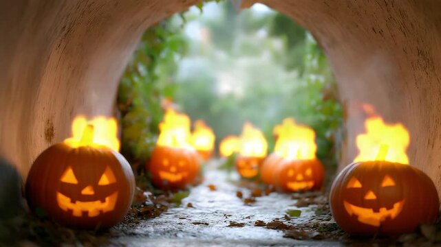 Spooky lanterns illuminate dark tunnel with fiery pumpkin faces