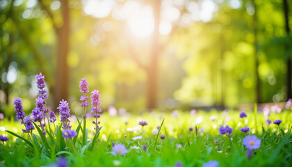 Fototapeta premium Colorful wildflowers blooming in a sunny forest meadow 