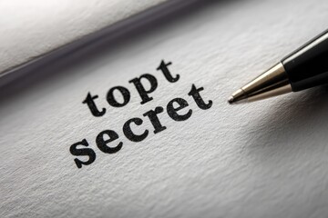 Close-up of "top secret" typed on paper, with pen