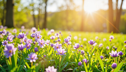 Obraz premium Spring flowers blooming in a sunny park under golden sunlight 