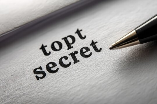 Close-up of "top secret" typed on paper, with pen