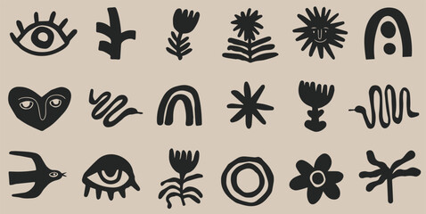 Abstract heart, bird, snake figures scandinavian frame bird collection in retro vintage style. illustration