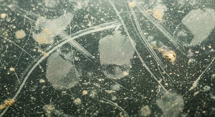 Detailed close up macro shot of dusty fingerprints on a dark surface with scratches