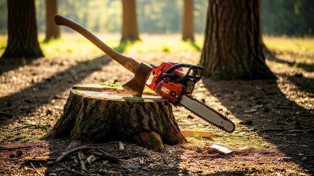 Axe in cut tree stump and red chainsaw on ground in forest during daytime, forestry industry footage