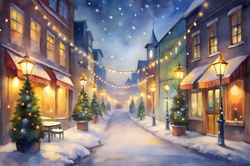 Fototapeta premium Festive Winter Street with Christmas Trees, Lights, and Snowfall at Night