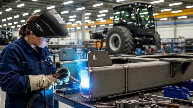 Woman welder in protective gear working with metal in a manufacturing plant, industrial fabrication of heavy machinery footage.