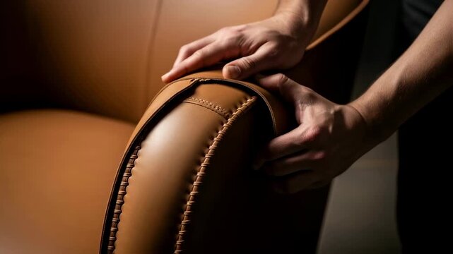 Artisan hands fixing the leather upholstery of a custom armchair, quality craftsmanship and furniture repair industry footage.