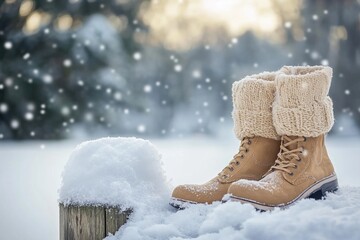 a pair of warm and cozy winter boots with knitted tops sitting on top, placed next to an old wooden post covered in snow, serene winter scene, atmosphere for christmas or new year