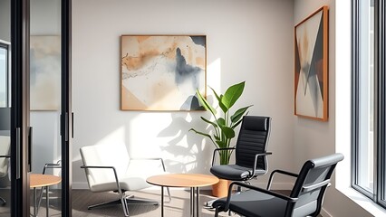 Modern office corner featuring contemporary furniture and abstract wall art.