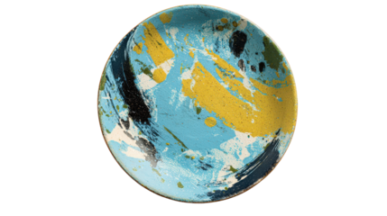 Handmade ceramic platter with abstract brush strokes, top-down view isolated on a Transparent background, PNG file.