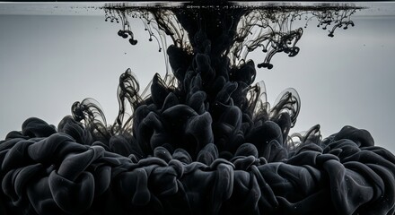 Dramatic black ink cloud blooming in clear water, abstract motion art
