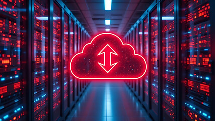 A glowing red neon cloud icon with up and down arrows symbolizing data transfer, centered in a futuristic server room with lit-up racks, an ideal image for technology, cloud computing, and data concep