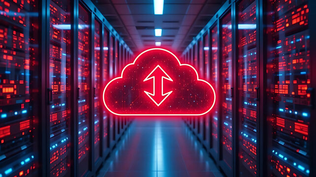 A glowing red neon cloud icon with up and down arrows symbolizing data transfer, centered in a futuristic server room with lit-up racks, an ideal image for technology, cloud computing, and data concep