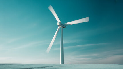 Fototapeta premium A solitary wind turbine stands against a clear blue sky over a flat, open landscape.
