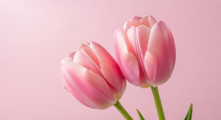 Fototapeta premium Two Delicate Pink Tulips Against a Soft Pastel Background