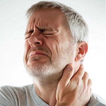 Senior man experiencing intense neck pain, clutching his neck tightly