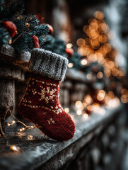 Christmas decor illustration: a desaturated red Christmas stocking on a mantelpiece adorned with Christmas greenery and colorful garlands. A traditional Christmas tree is depicted against a blurred 