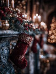 Christmas decor illustration: a desaturated red Christmas stocking on a mantelpiece adorned with Christmas greenery and colorful garlands. A traditional Christmas tree is depicted against a blurred 