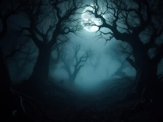 A spooky, moonlit forest scene featuring silhouetted trees and dense fog.