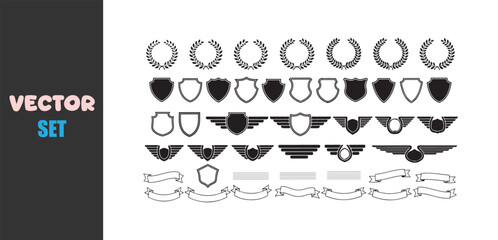 Collection of heraldic emblems shields laurel wreaths and wings