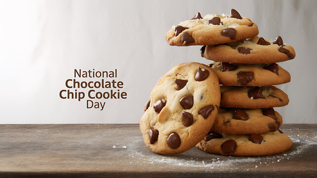 Stack of chocolate chip cookies on a wooden surface celebrating National Chocolate Chip Cookie Day