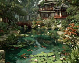 Tranquil Asian garden scene with pond and pagoda