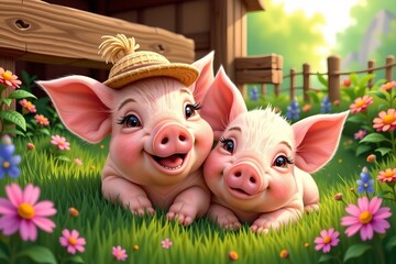 Playful Piglets Lush Farmyard Scene with Wildflowers