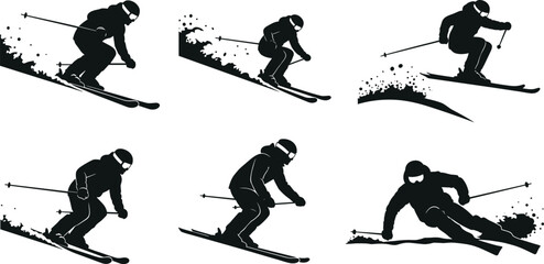 Skiing silhouette illustration, dynamic action poses, alpine sports concept, snow trail depiction, high-speed skier movement, winter adventure in black figure art